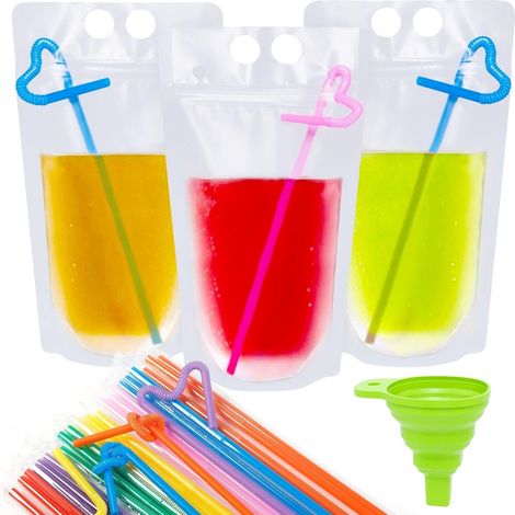 Lot de 50 sachets à boissons refermables avec fermeture éclair, pour smoothies chauds et froids, avec 50 pailles et un entonnoir en silicone. (1/5)
