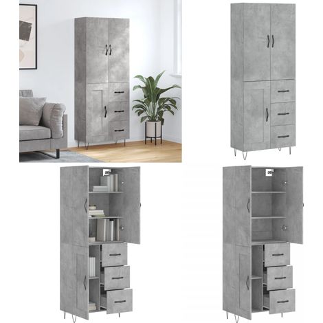 Buffet haut Gris béton 69,5x34x180 cm Bois d'ingénierie - Buffet Design Moderne - Meuble Rangement Gris - Armoire Haute - Buffet Cuisine - Mobilier Salon - Home & Living