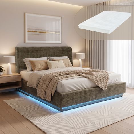 LED Polsterbett Tröstiar mit Matratze 160x200 cm Leinen Grün [en.casa] (1/5)