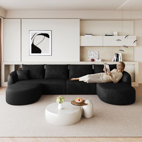 Canapé d'angle en U de 336 cm, canapé compressé en mousse, canapé modulable sans armature, canapé compressé pour salon, chambre, appartement, aucun montage requis, noir (1/5)