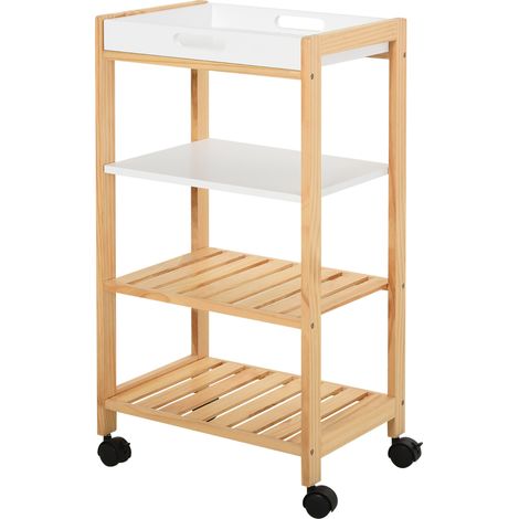 Chariot de service desserte de cuisine à roulettes 3 étagères + plateau amovible bois de pin MDF blanc