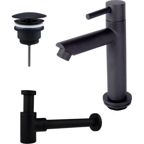 FugaFlow Eccelente Sobrado ensemble de robinets de lave-mains avec robinet de lavabo sur pied bas, bouchon toujours ouvert et siphon design noir mat (1/4)