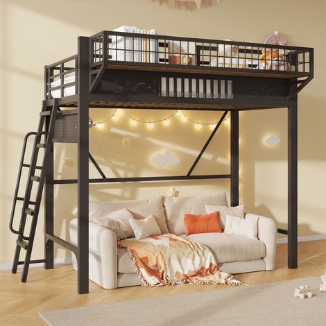 Lit mezzanine enfant 90x200 cm en métal, rangements latéraux, espace ouvert sous le lit, escalier modulable, garde-corps, motif étoiles et lune, blanc (1/5)