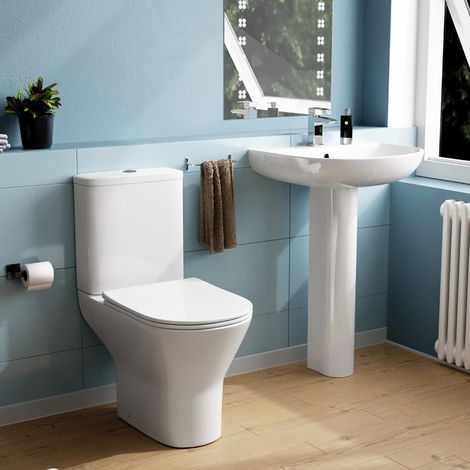 Theo Round Rimless Close Coupled Toilet & 570mm Full Pedestal Basin White (1/5)