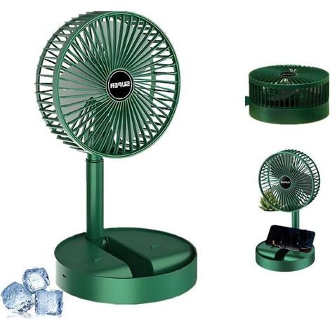 Ventilateur portable pliable, rechargeable sur pied USB, 3 vitesses, 1200 mAh, ventilateur à piles pour la maison, le camping, l'extérieur et le bureau, 17 cm Vert (1/4)