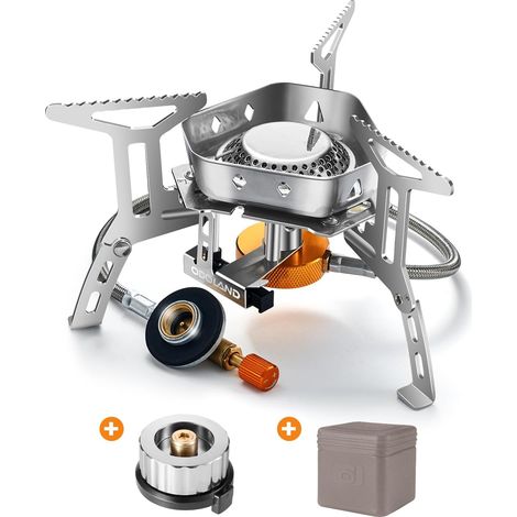 Réchaud de Camping à Gaz 3500 W, Brûleur Camping, Poêle Ultra-Léger Cuisinière Extérieur Pliable, Coupe-Vent et avec Allumage Piézo-électrique pour Camping/Randonnée/Pique-Nique, Boîte Grise (1/5)
