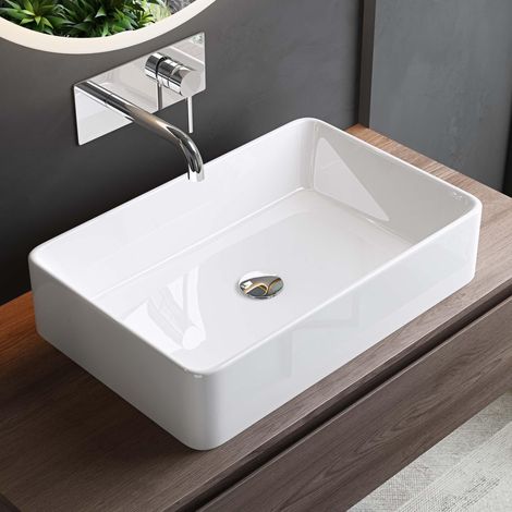 Mai & Mai lave main évier vasque 58x37x13,5cm en céramique blanc rectangulaire avec perçage pour robinet lavabo sans trop-plein à poser/suspendu BR105D (1/5)