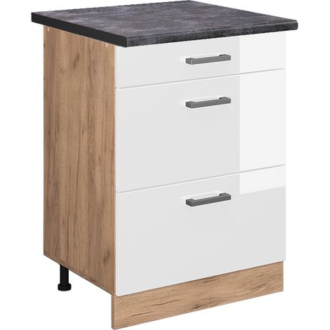 Meuble cuisine R-Line, Blanc Haute brillance, 60 cm avec tiroirs, PT Anthracite, Vicco