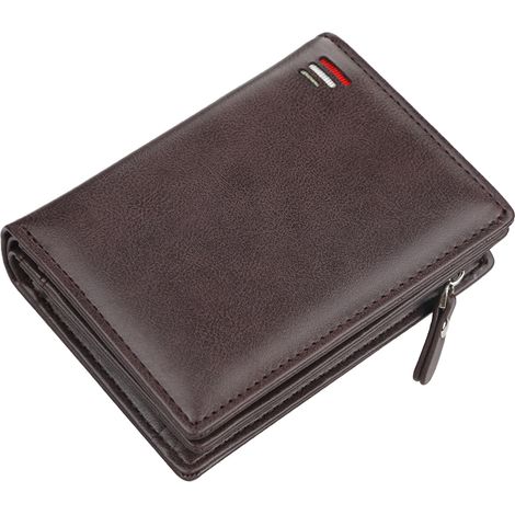Portefeuille homme marron zippé en cuir PU, porte-monnaie à 3 compartiments cartes, court et compact pour quotidien (1/5)