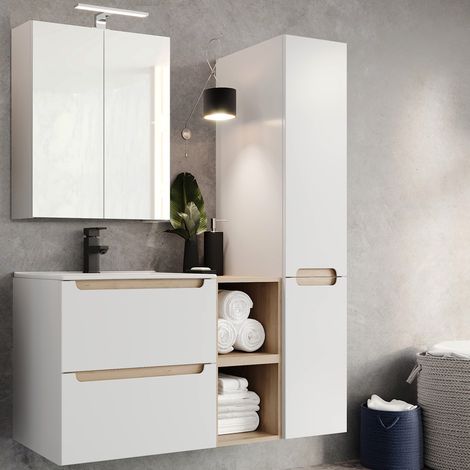 Badmöbel Waschplatz Set Hochglanz weiß mit Trüffel-Buche SOFIA-107 B/H/T ca. 120/200/46 cm (1/5)