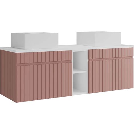 Mobile bagno sospeso scanalato con nicchie e doppio lavabo da appoggio quadrato Rosa L140 cm - SATARA (1/5)