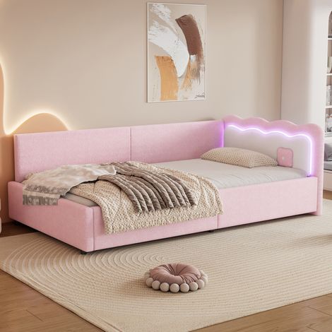 Sofá cama de terciopelo rosa 90x200 cm con LED y somier de láminas incluido