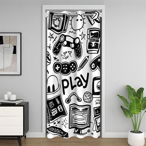 Rideau de Porte 86x203 Enfant Garçon Gaming, Rideaux Occultant Gamer Décoration Chambre Ado, Rideau de Placard Jeux Vidéo Manette de Jeu, Rideaux Intérieurs Graffiti Noir et Blanc - 86L X 203H cm (1 P (1/5)
