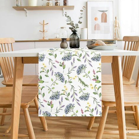 Chemin de table printanier et estival à motif d'hortensias bleus, style floral, pour la cuisine (1/4)