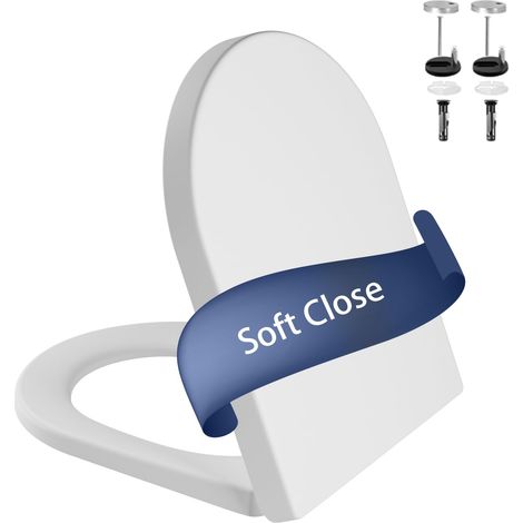 Abattant WC forme D Soft Close - Déclipsage rapide Quick Release, charnières inox réglables, couvercle ovale allongé antibactérien en PP - Blanc
