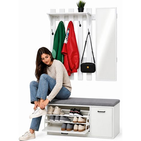 Set Ingresso con Scarpiera e Appendiabiti con Specchio Attaccapanni Bianco (1/5)