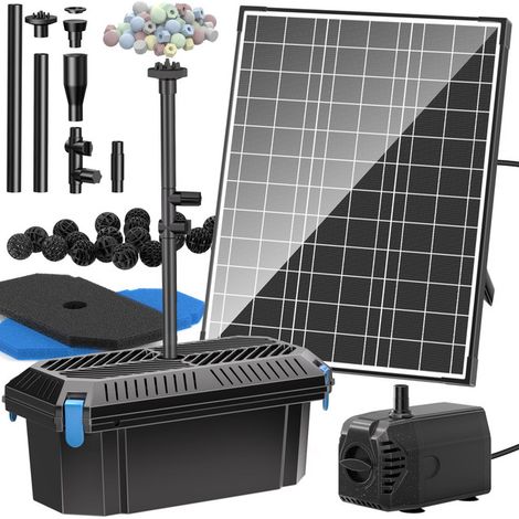 Kit de Filtration Solaire Complet pour Bassin - Pompe de Fontaine 20W, Débit 875L/H, avec Boîtier de Filtre Bio, 4 Buses et Câble 5m - Idéal pour Étang de Jardin, Cascades et Poissons