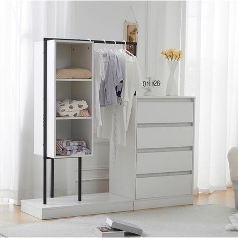 Cómoda blanca, cómoda 4 cajones con 3 almacenamientos abiertos y barra para ropa, 140x40x135 (1/5)