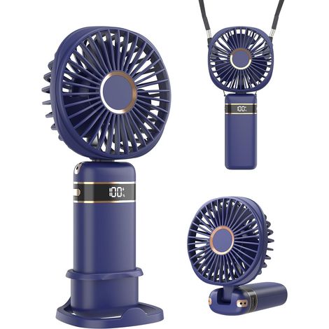 Ventilateur portable à main, avec base, 5 vitesses réglables, rechargeable par USB, idéal pour les voyages et le bureau (bleu) (1/5)