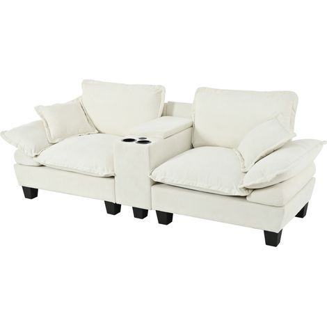 Sofá modular tipo nube beige de chenilla con portavasos, almacenamiento y USB (1/5)