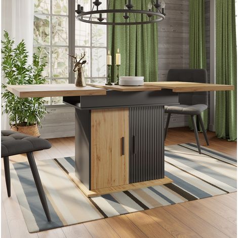 Table à manger extensible MDF noir et naturel 110-140x80x75 cm avec rangement intégré (1/5)