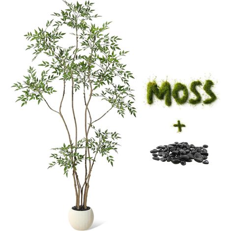 Arbre Nandina Artificiel Réaliste – Feuillage Vert Luxuriant – Pot Blanc Design avec Galets Décoratifs – Décoration Moderne pour Salon, Bureau, Maison – sans Entretien – Taille : 210cm (1/5)