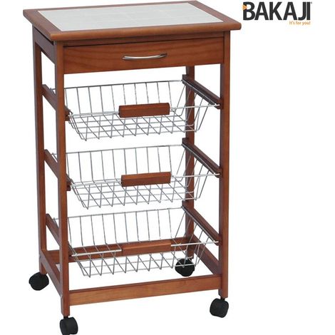 Carrello Cucina in legno 3 Cestelli Acciaio e Ripiano 12 Mattonelle in Ceramica (1/5)