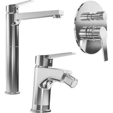 Ensemble mitigeur avec lavabo haut et bidet sans vidange et douche encastrée avec inverseur en laiton chromé Mod. Sophia