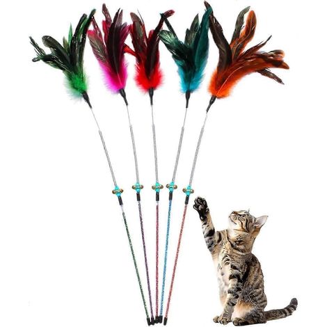Baguettes à plumes pour chat - Ensemble de 5 baguettes interactives avec plumes, ressort résistant - Idéal pour des heures de jeu amusantes pour les chatons (1/5)