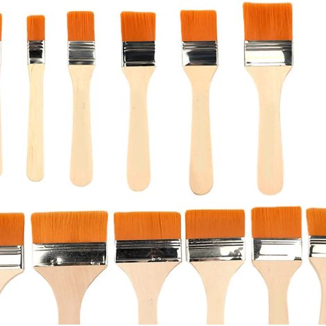 Lot de 12 pinceaux plats, poils en nylon, manche en bois, matériau en alliage d'aluminium, adaptés pour le barbecue, etc., jaunes, lot de 12.