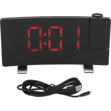 Réveil radio à projection, affichage LED, horloge électronique à écran incurvé, réveil numérique, boîtier noir, lettres rouges (1/5)