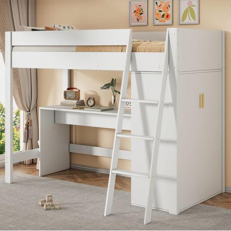 Kinder-Hochbett Weiß 90x200 cm aus Massivholz mit Schreibtisch, Kleiderschrank und Lattenrost