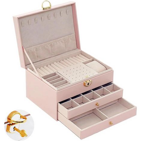 Boite a Bijoux Fille empilable à 3,boite a bijoux femme,jewelry organizer,jewelry box,niveaux avec serrure, compartiments et clé, 2 tiroirs, pour bagues, boucles d'oreilles,bracelets,colliers (rose) (1/5)
