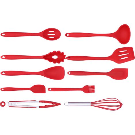 Set mit 10 roten Küchenhelfern aus Silikon – Antihaft-Pfannenwender, Löffel, Schneebesen, Kochpinsel (1/5)
