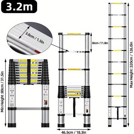 Échelle Télescopique Inox – Pliable, Antidérapante. Verrou Sécurité. Modèle (3.2m). (1/5)