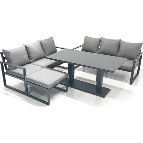 Fimous 7 Seater Aluminium Outdoor Garden Furniture Set with Adjustable Rising Lifting Dining Table 3 Seater Sofa Big Footstool Dark Grey (1/5)
