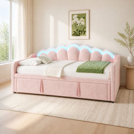 Cama nido 90x200 cm de terciopelo rosa, ahorro de espacio para dormitorio, sin colchón FloraGrace (1/5)
