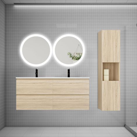 AICA Ensemble meuble double vasque L.120cm 4 tiroirs + lavabo + 2LED miroirs rond 60cm + colonne C,chêne,aica