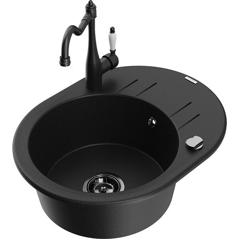 Mexen Kevin fregadero de granito de 1 cubeta con escurridor y grifo de cocina Carla, negro - 6517-77-670700-70-B (1/5)