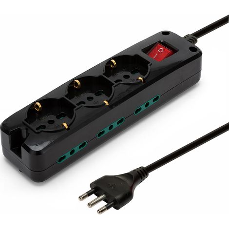 Velamp Multipresa - 3 Prese Polivalenti (Schuko + 10/16A) + 6 Prese Bivalenti (10/16A) - Interruttore Luminoso – Colore Nero (1/5)