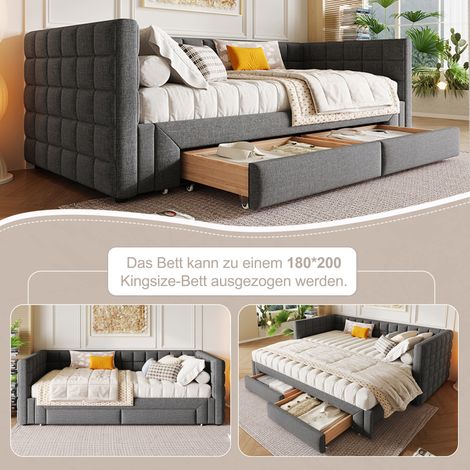 Canapé-lit 90x200 cm à dossier carré, lit rabattable extensible en 180 cm queen size, 2 tiroirs, sans matelas, Gris (1/4)