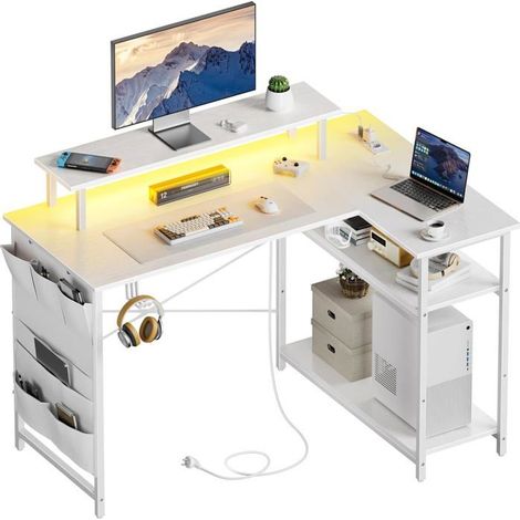 EcoFurnix Escritorio de esquina con almacenamiento, 110 x 80 cm Escritorio Gaming LED, con soporte para monitor, Trabajo y habitación, Blanco (1/5)