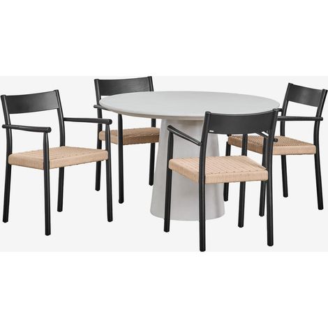 Ensemble table ronde en ciment (Ø120 cm) Noemi et 4 chaises de salle à manger en bois de chêne et corde tressée Mara SKLUM