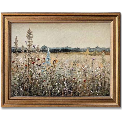 Toile murale vintage encadrée dorée - Paysage français classique - Fleurs sauvages - Peinture botanique - Décoration murale pour cuisine, salon (Fleuri, 20,3 x 25,4 cm) (1/3)