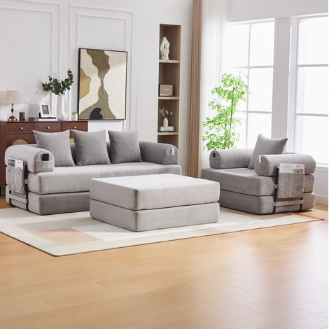 Divano modulare 4 posti in velluto a coste grigio chiaro con pouf, struttura in metallo, 200x94x67 cm (1/5)