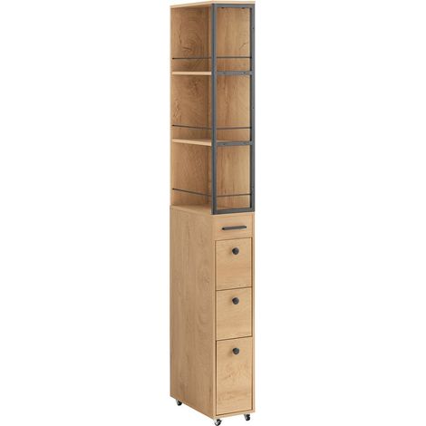 SoBuy NSR13-N Säulenmöbel, Hohe Schrank mit Rollen, Schmale Regalmöbel mit 3 Ebenen und 3 Schubladen, Für Badezimmer, Küche, Esszimmer, Büro, Wohnzimmer, 40x20x169,5cm