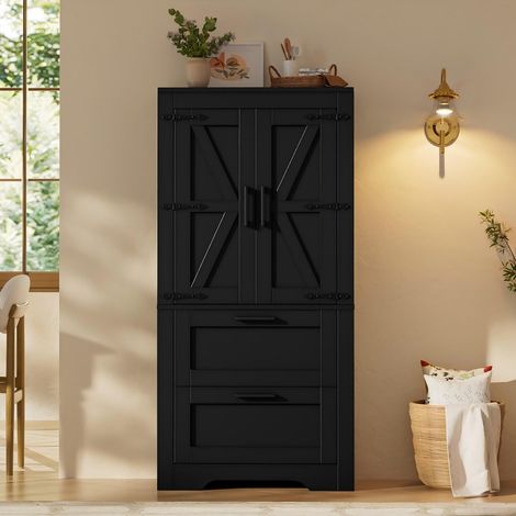 Armoire haute style campagne 2 tiroirs, étagères réglables, porte type grange, meuble rangement noir cuisine salon 60x30x128 cm (1/5)