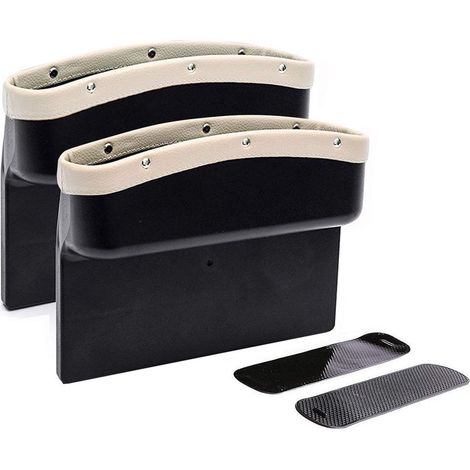 Lot de 2 pochettes de rangement pour siège auto en cuir PU, combleur d'espace entre les sièges, boîte de rangement latérale pour console centrale - Beige