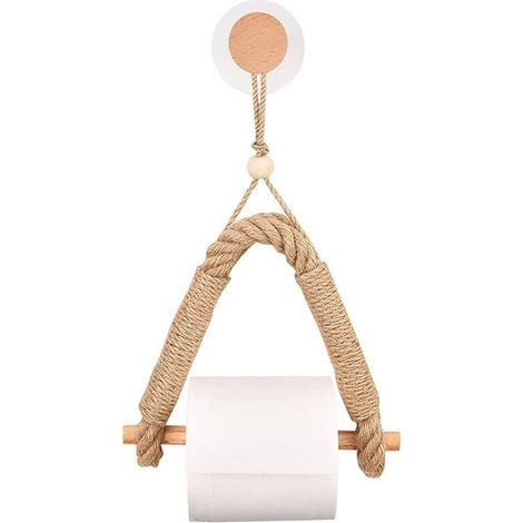 Self-Adhesive Toilet Roll Holder, Wood Roll Holder, Hemp Rope Paper Towel Holder, Wall-Mounted Tissue Holder, Retro Punch-Free Hemp Rope Toilet Paper Holder for Bathroom and Kitchen (1/5)