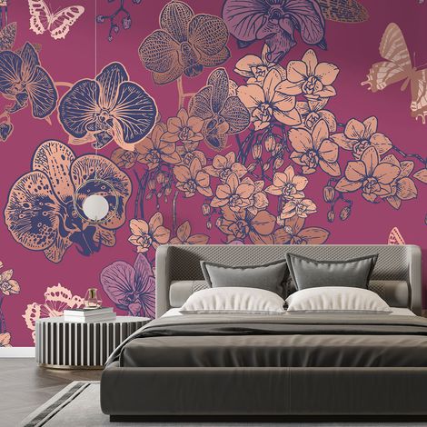 Papier peint panoramique - Fleurs Papillons - 130 cm x 87 cm (1/4)